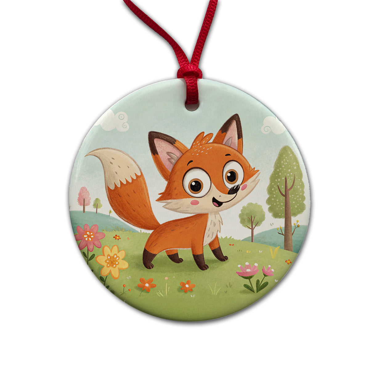 Fox Children's Illustration Style Round Ceramic Holiday Christmas Tree Ornament
