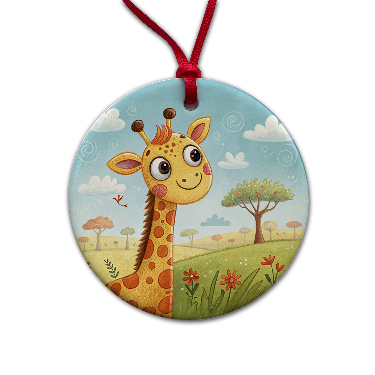 Giraffe Children's Illustration Style Round Ceramic Holiday Christmas Tree Ornament