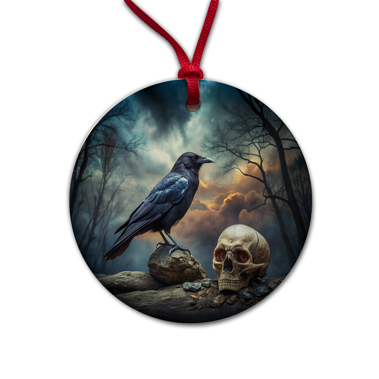 Gothic Raven Death Skull Halloween Round Ceramic Holiday Christmas Tree Ornament