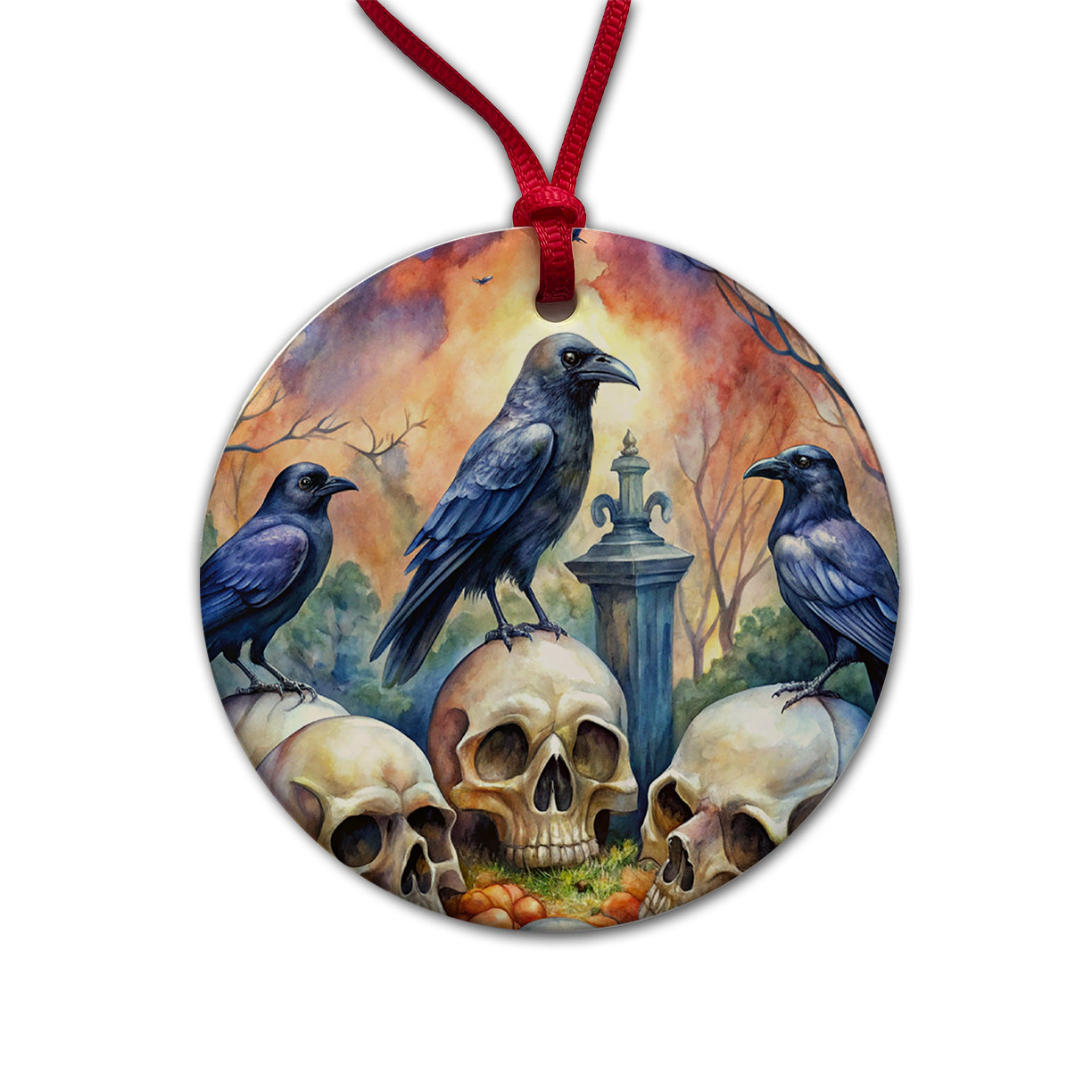 Gothic Raven Death Skulls Watercolor Round Ceramic Holiday Christmas Tree Ornament