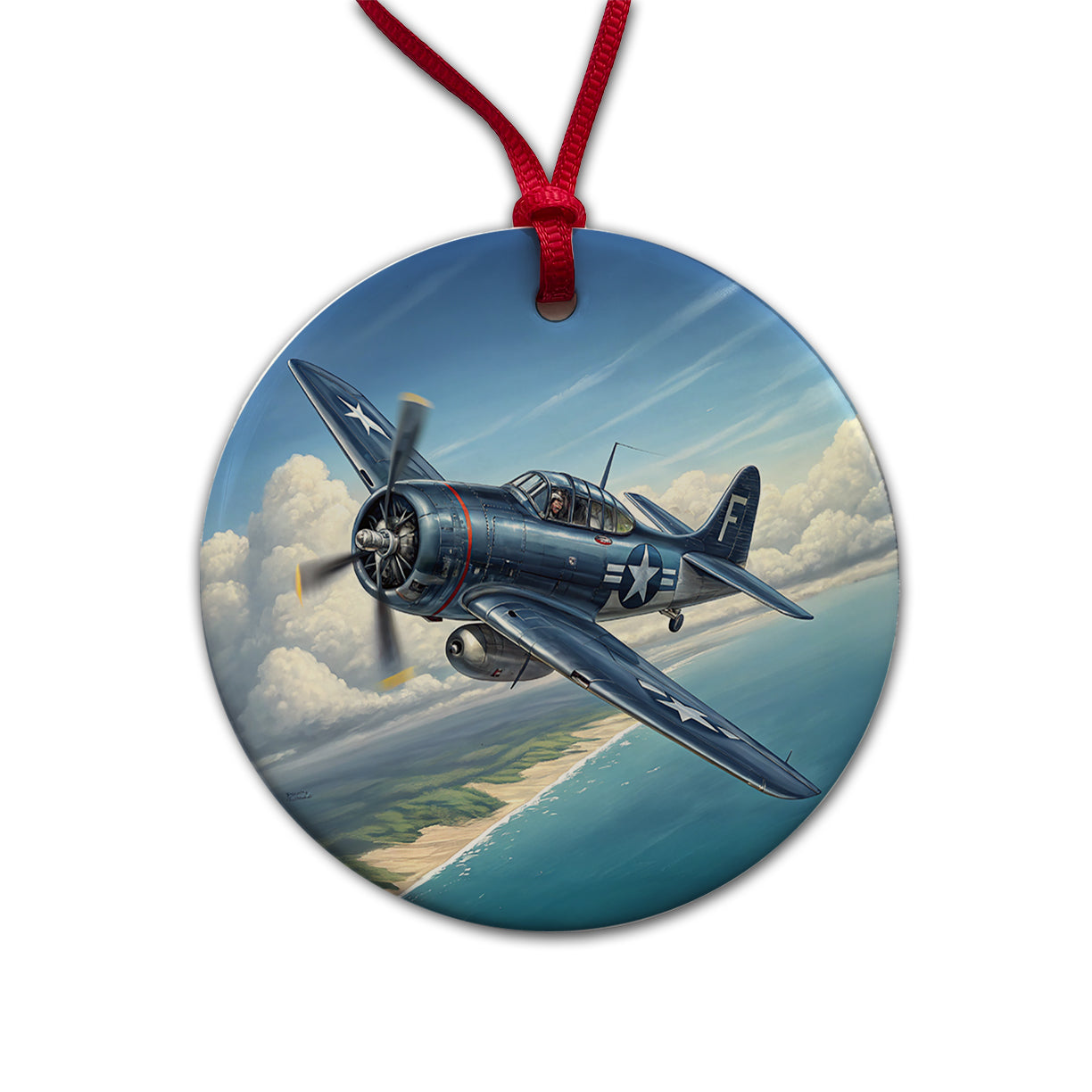 Grumman F6f Hellcat WWII US Navy Fighter Plane Round Ceramic Holiday Christmas Tree Ornament