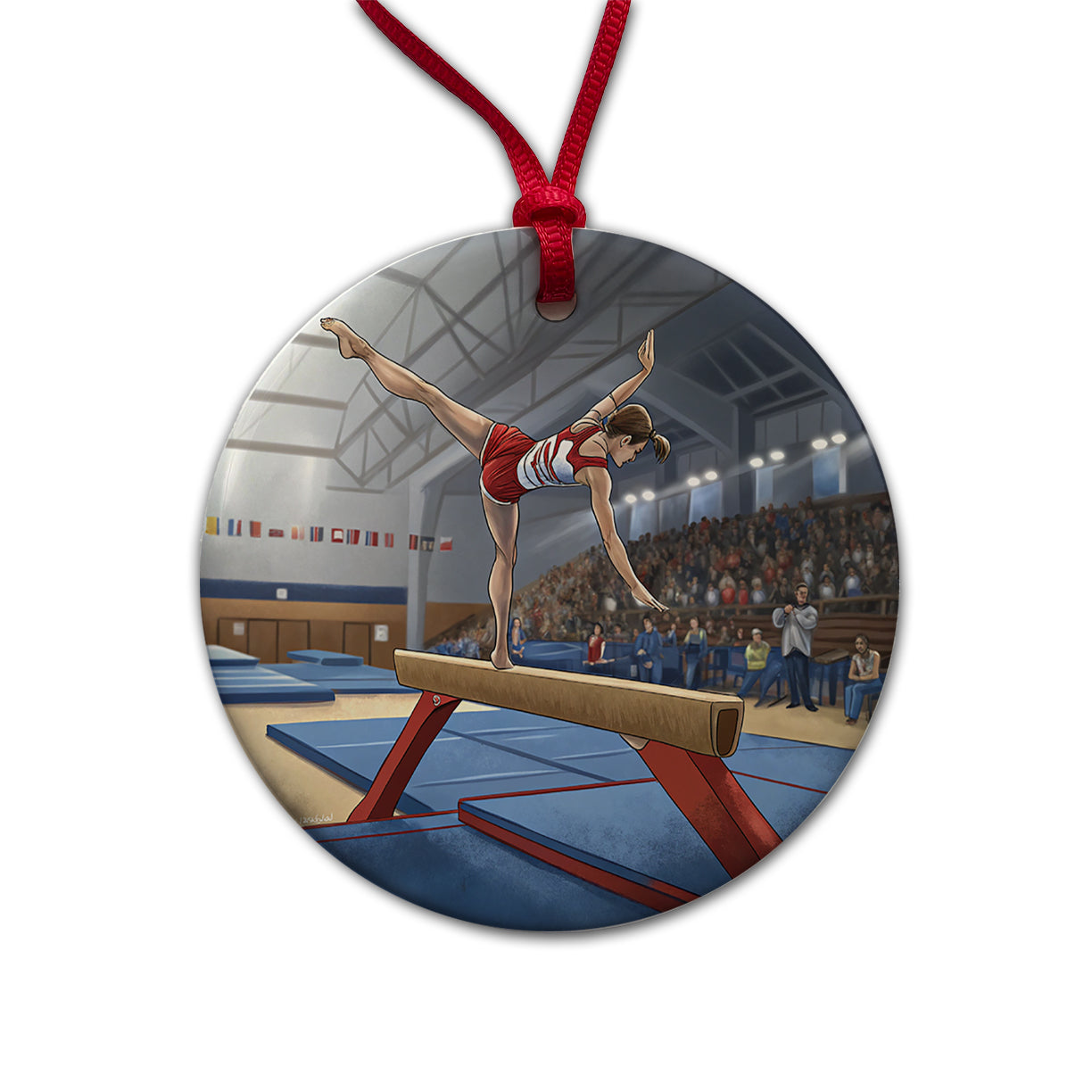 Gymnastics Balance Beam Round Ceramic Holiday Christmas Tree Ornament
