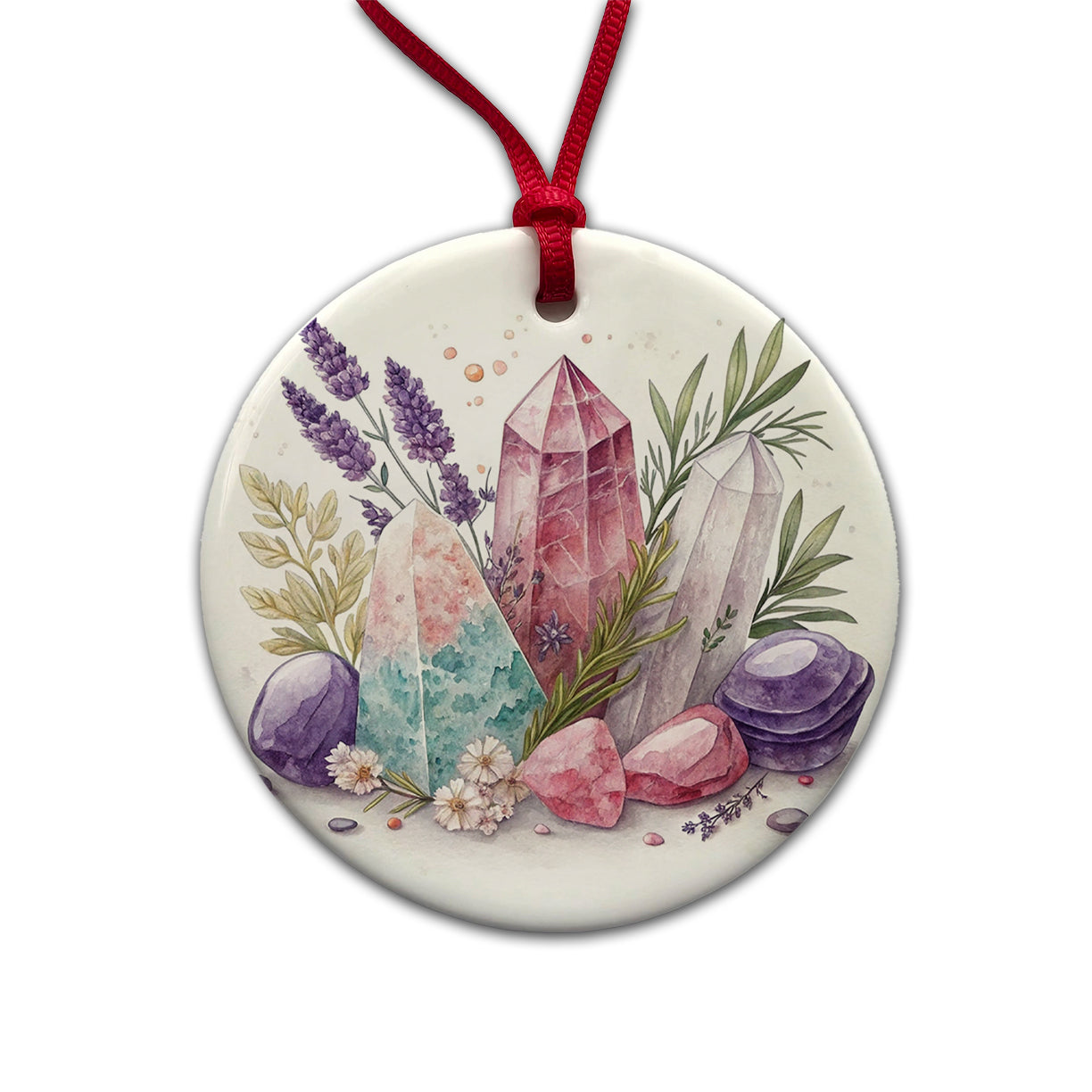 Healing Crystals and Herbs Round Ceramic Holiday Christmas Tree Ornament