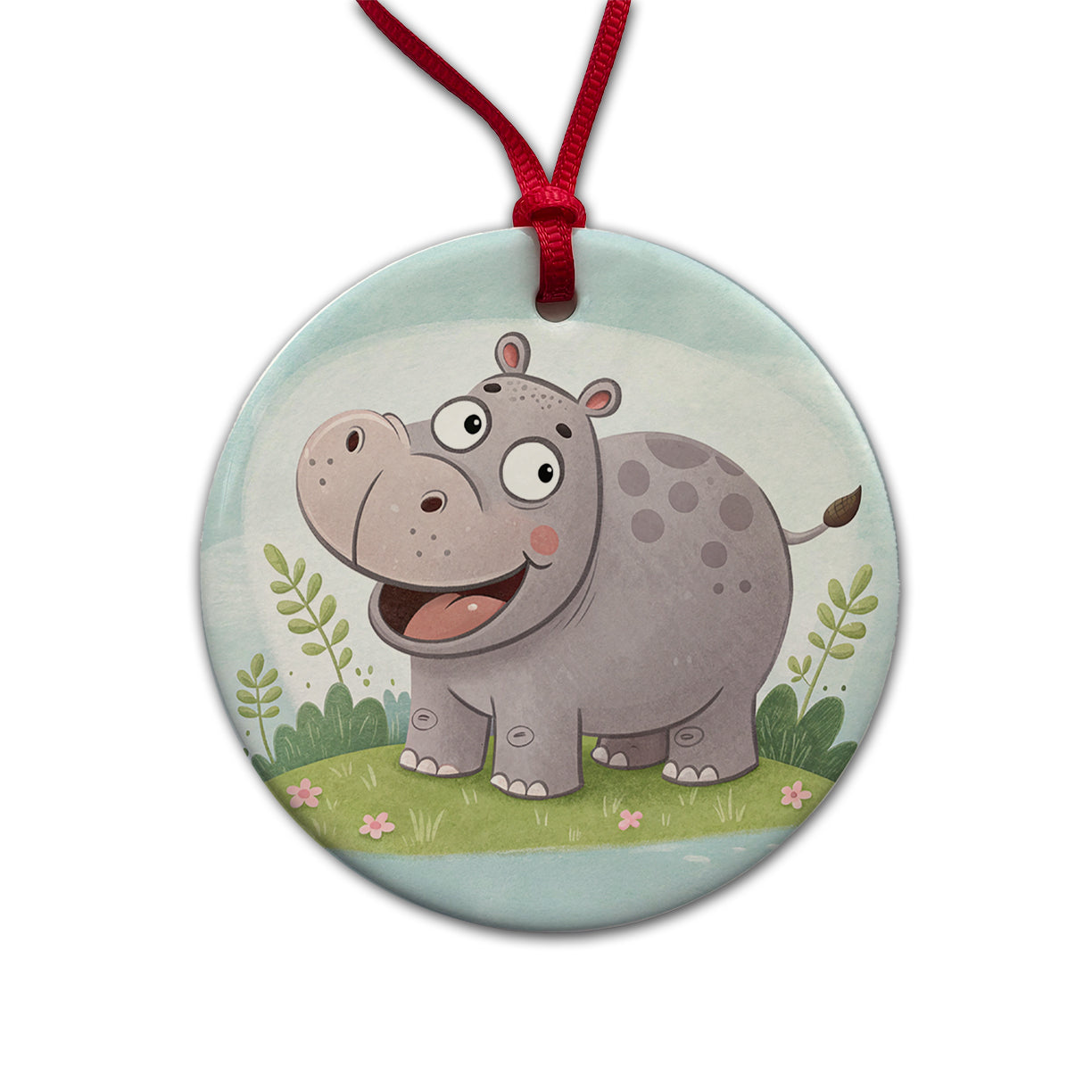 Hippo Children's Illustration Style Round Ceramic Holiday Christmas Tree Ornament