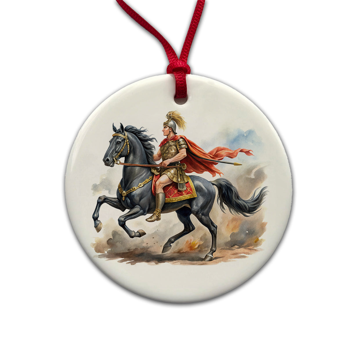 Historical Alexander The Great On His Horse Bucephalus Watercolor Round Ceramic Holiday Christmas Tree Ornament