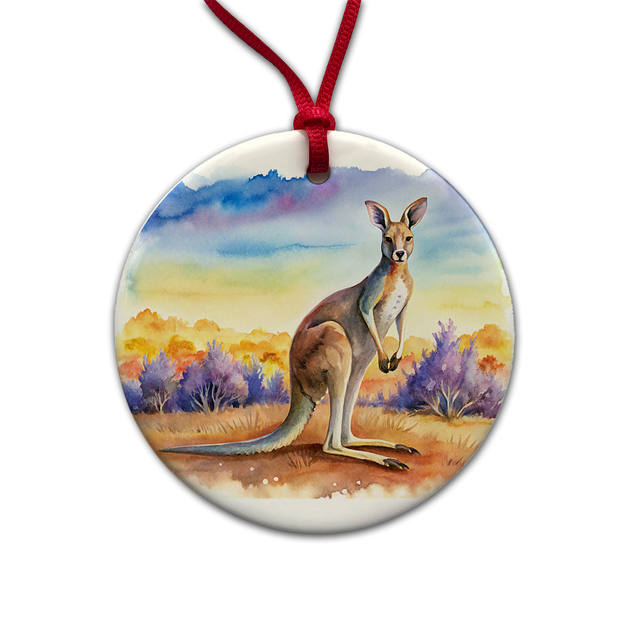 Kangaroo In The Fields Of Australia Watercolor Round Ceramic Holiday Christmas Tree Ornament