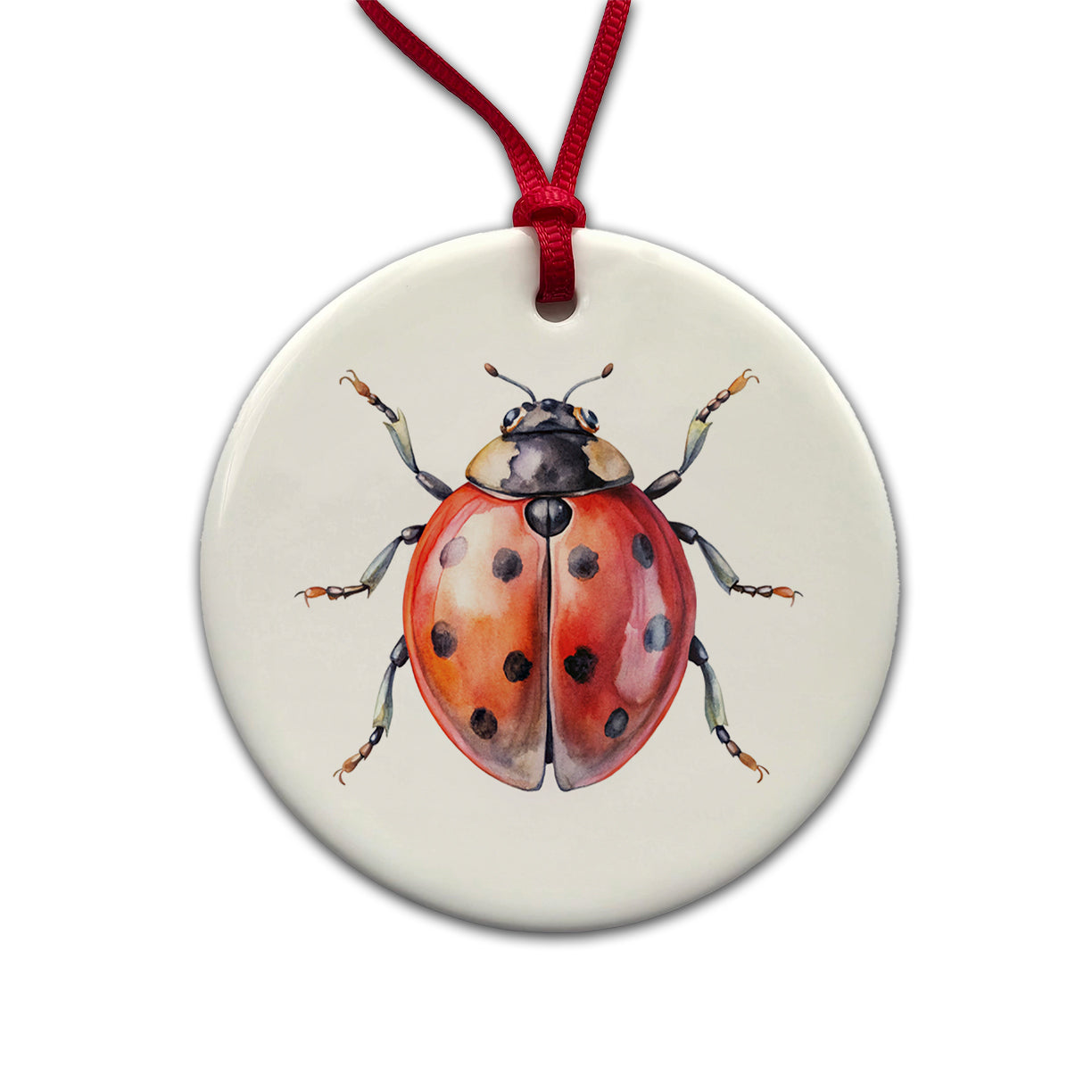 Ladybug Watercolor Round Ceramic Holiday Christmas Tree Ornament