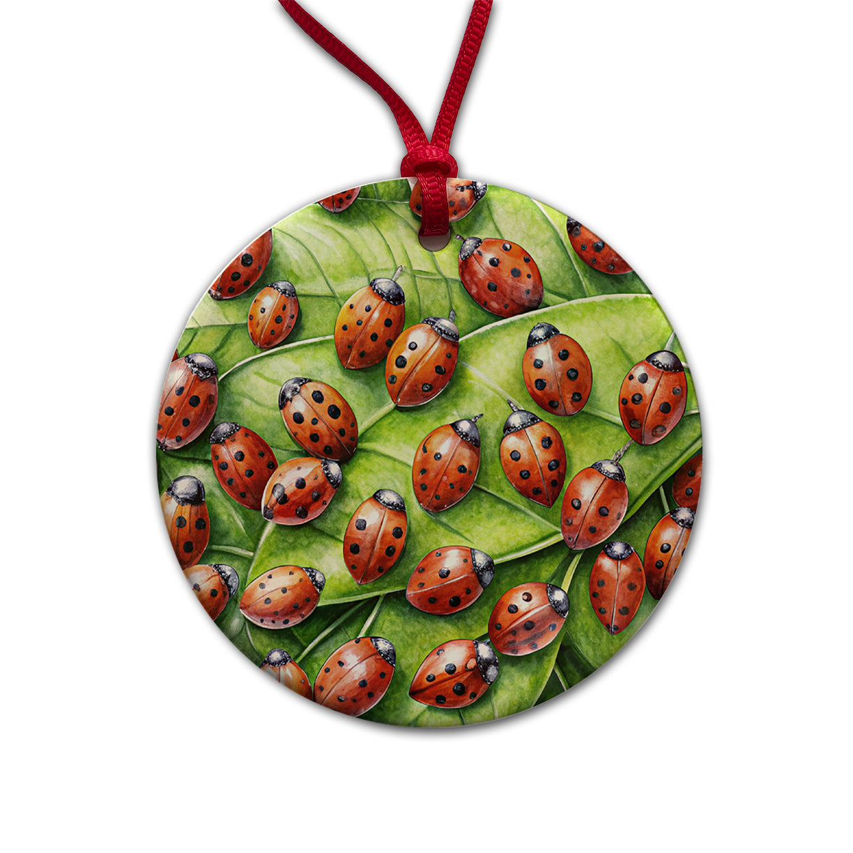 Ladybugs on Leaf Round Ceramic Holiday Christmas Tree Ornament