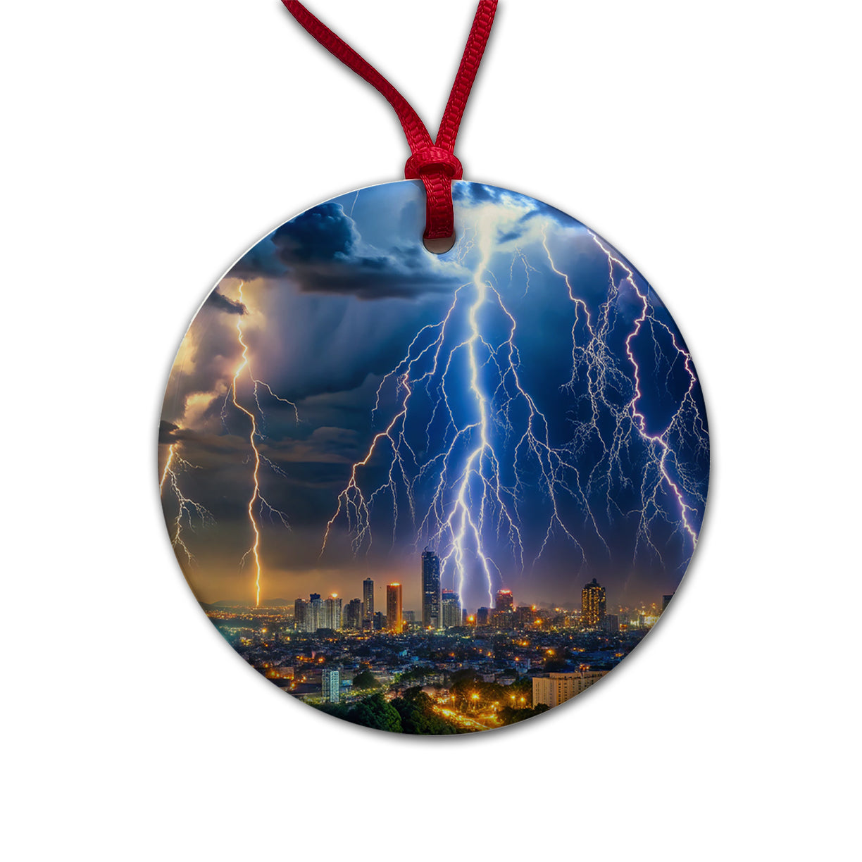Lighting Strikes Over City At Night Round Ceramic Holiday Christmas Tree Ornament