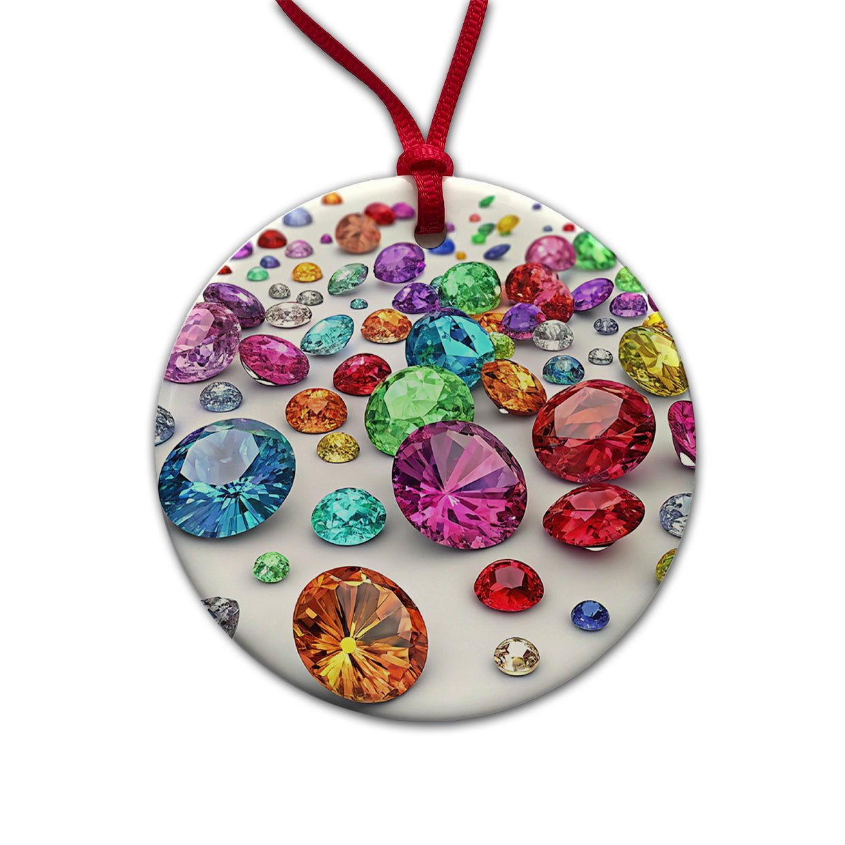 Lots of Colorful Gems Round Ceramic Holiday Christmas Tree Ornament