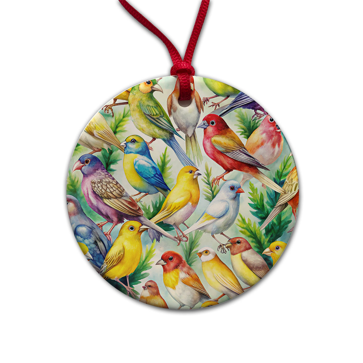 Many Colorful Canary Birds Watercolor Round Ceramic Holiday Christmas Tree Ornament