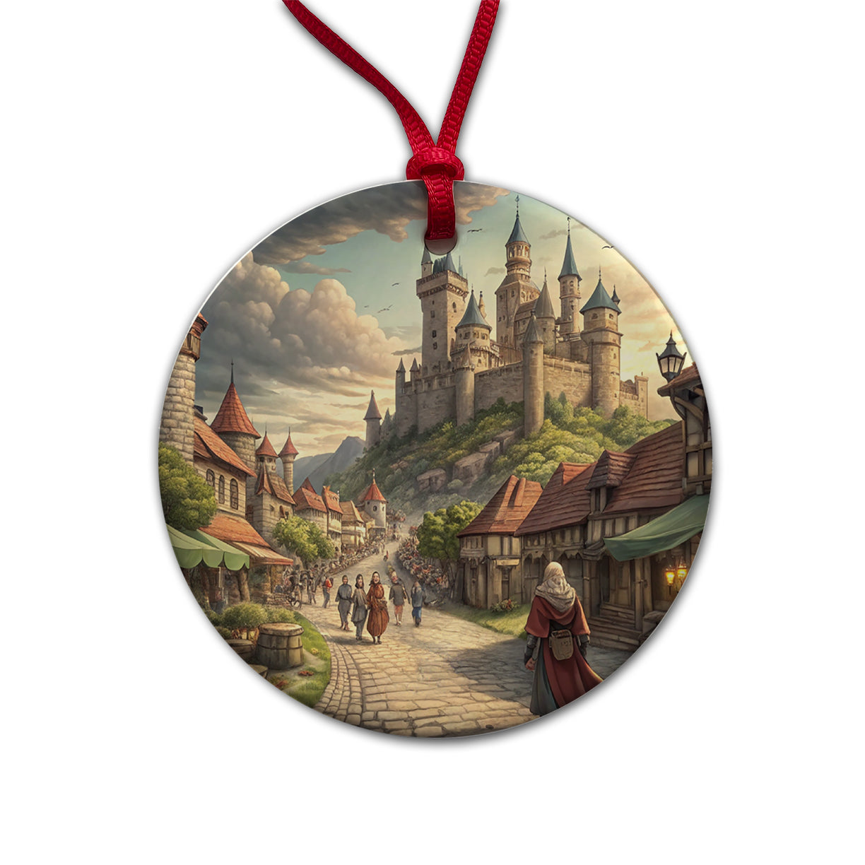 Medieval Kingdom Village with Castle Round Ceramic Holiday Christmas Tree Ornament