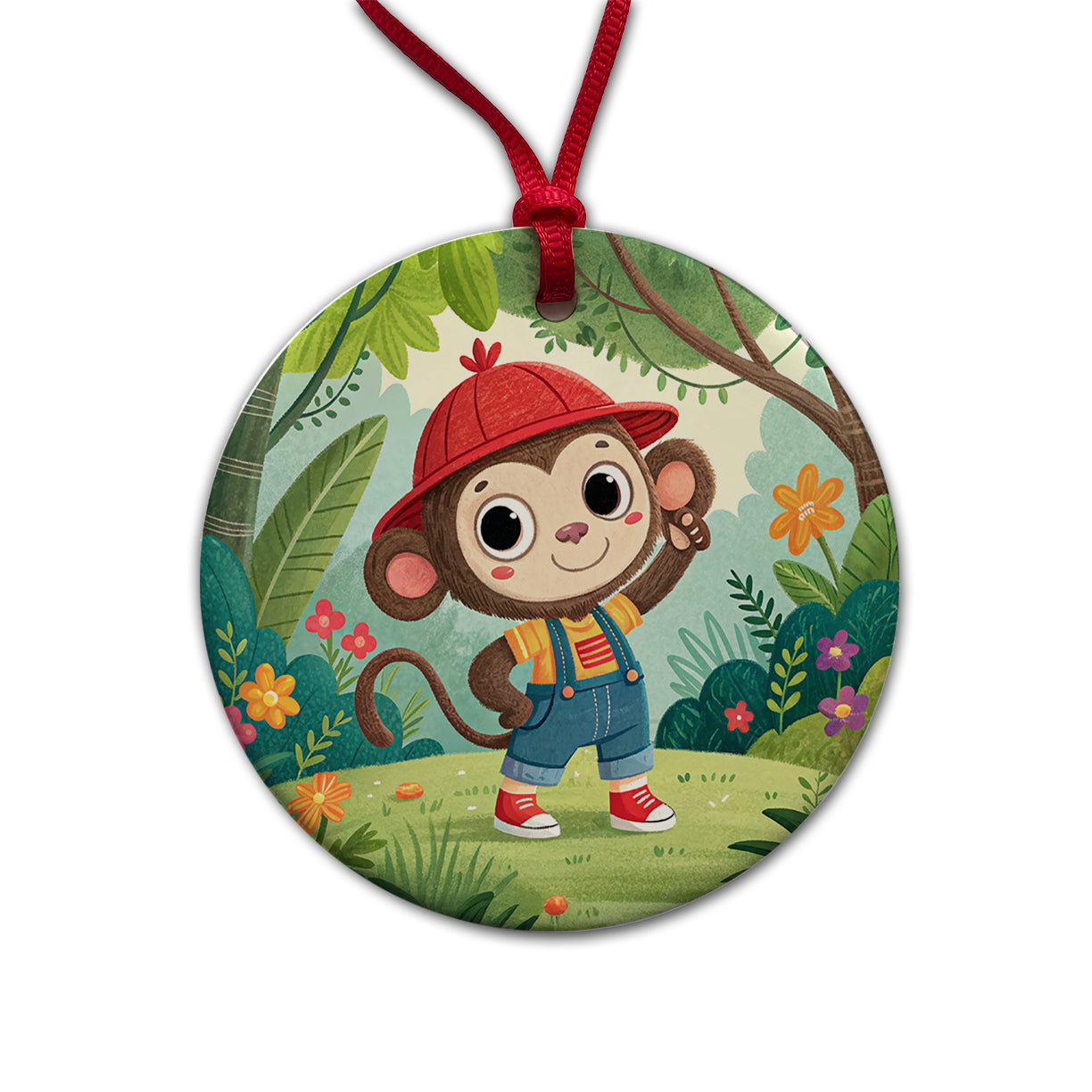 Monkey Children's Illustration Style Round Ceramic Holiday Christmas Tree Ornament