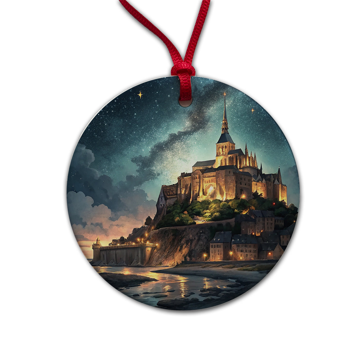 Mont Saint Michel Monastery Lit Up At Night Normandy Round Ceramic Holiday Christmas Tree Ornament