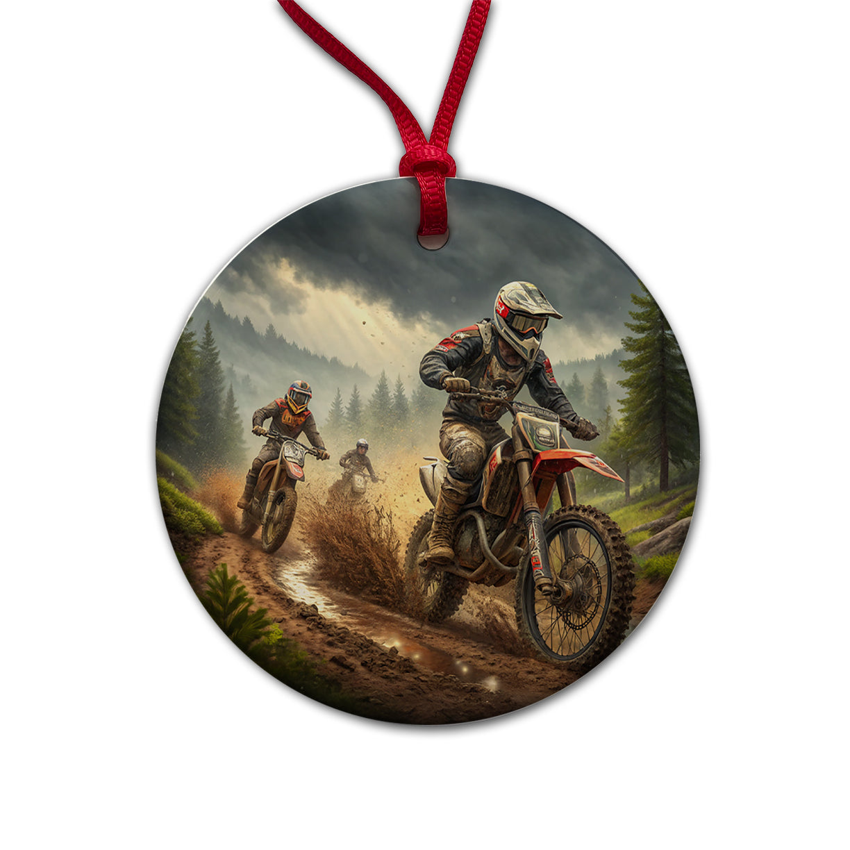 Motocross Off Road Dirt Bikes Racing Round Ceramic Holiday Christmas Tree Ornament