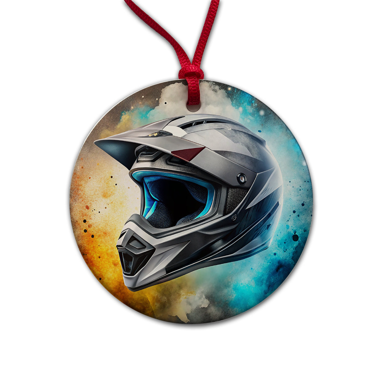Motocross Racing Bike Helmet Black Watercolor Round Ceramic Holiday Christmas Tree Ornament