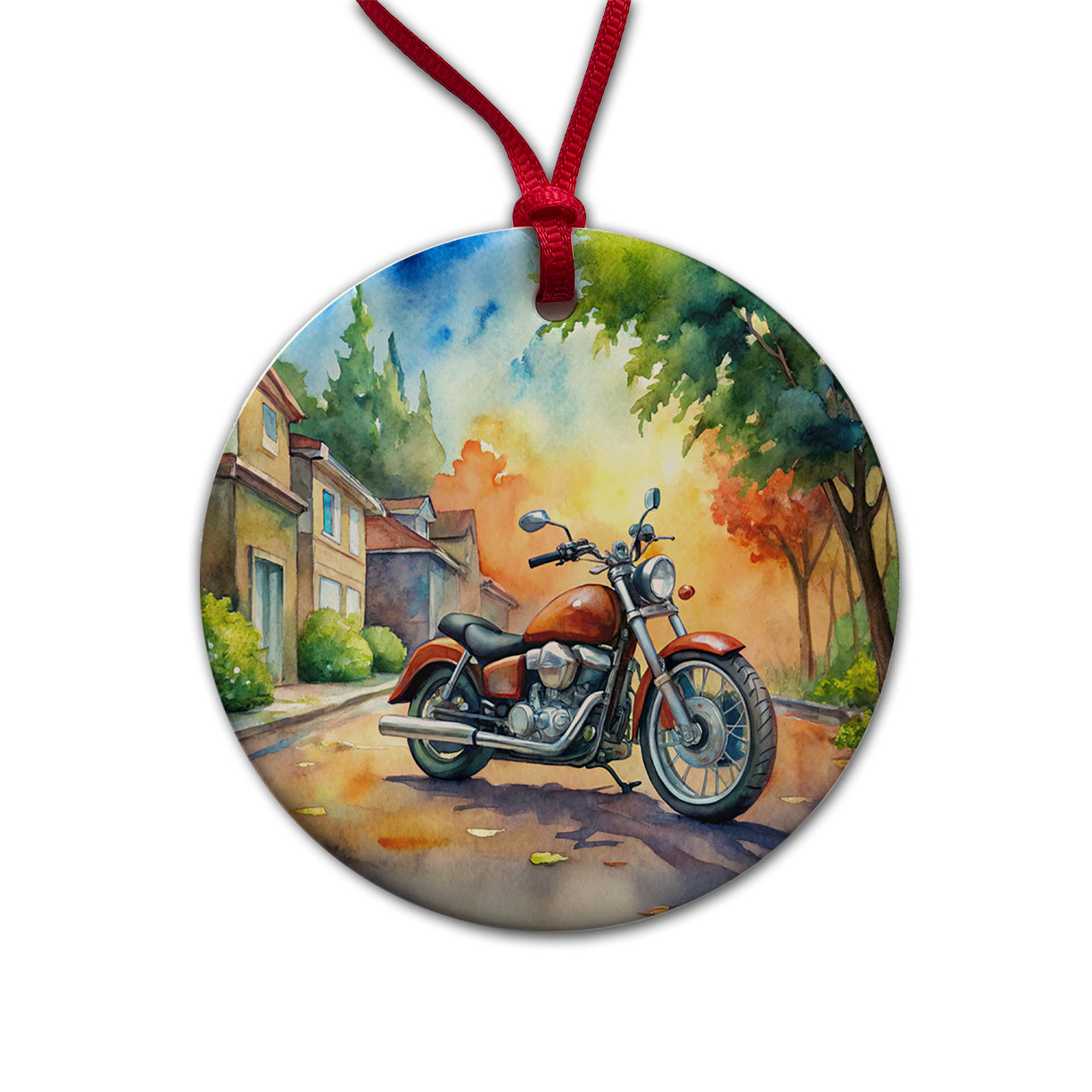 Motorcycle Watercolor Scene Round Ceramic Holiday Christmas Tree Ornament