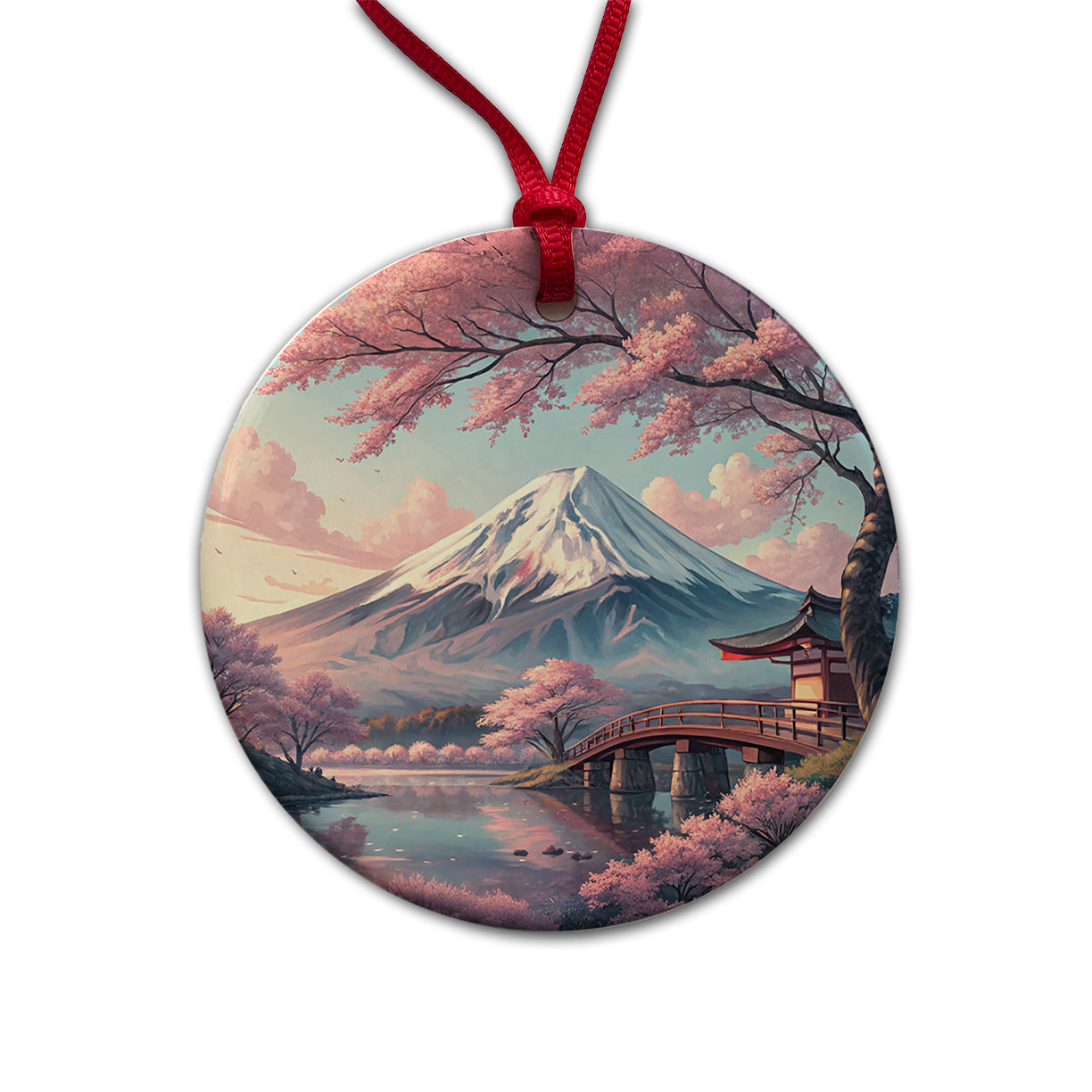 Mount Fuji During Cherry Blossom Season Japan Round Ceramic Holiday Christmas Tree Ornament
