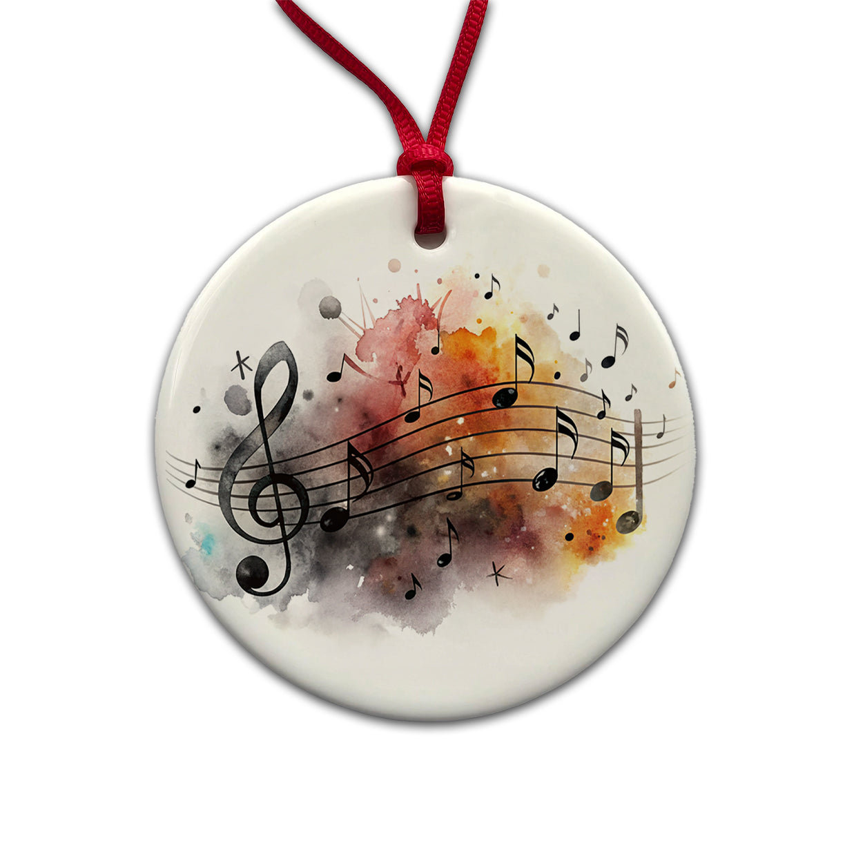 Music Musical Notes Treble Clef Watercolor Round Ceramic Holiday Christmas Tree Ornament
