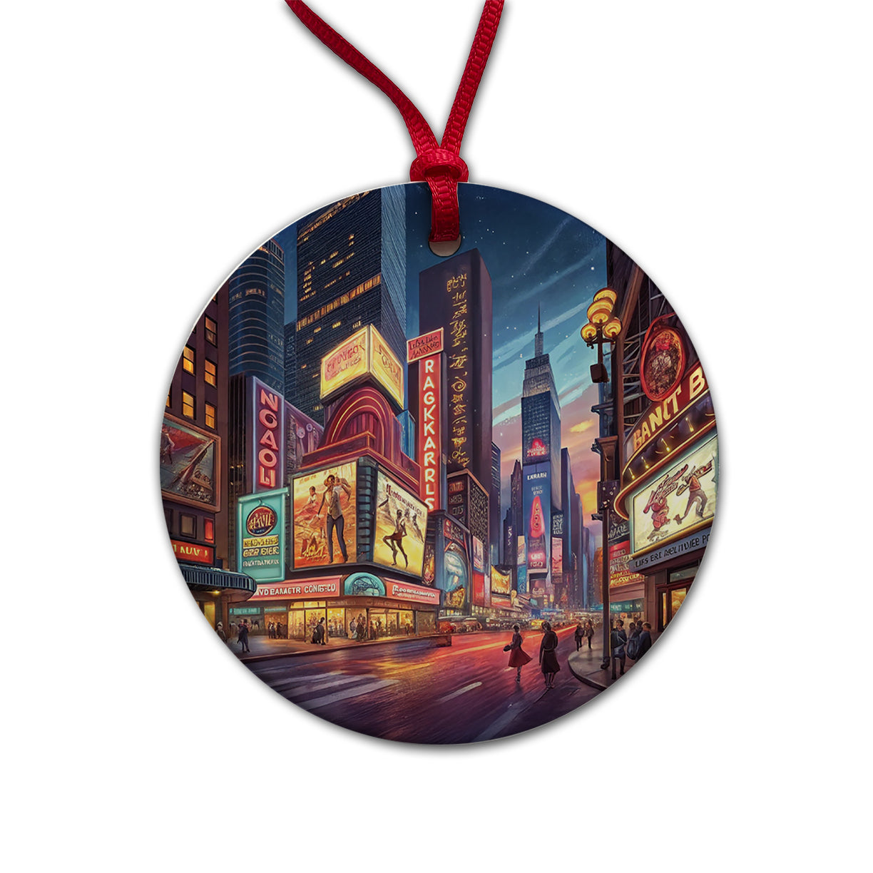 Neon Lights of City Center at Night Round Ceramic Holiday Christmas Tree Ornament