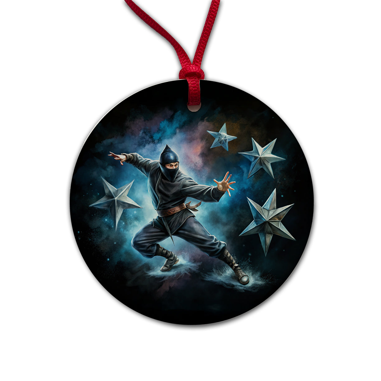 Ninja Warrior Throwing Stars Black Watercolor Round Ceramic Holiday Christmas Tree Ornament