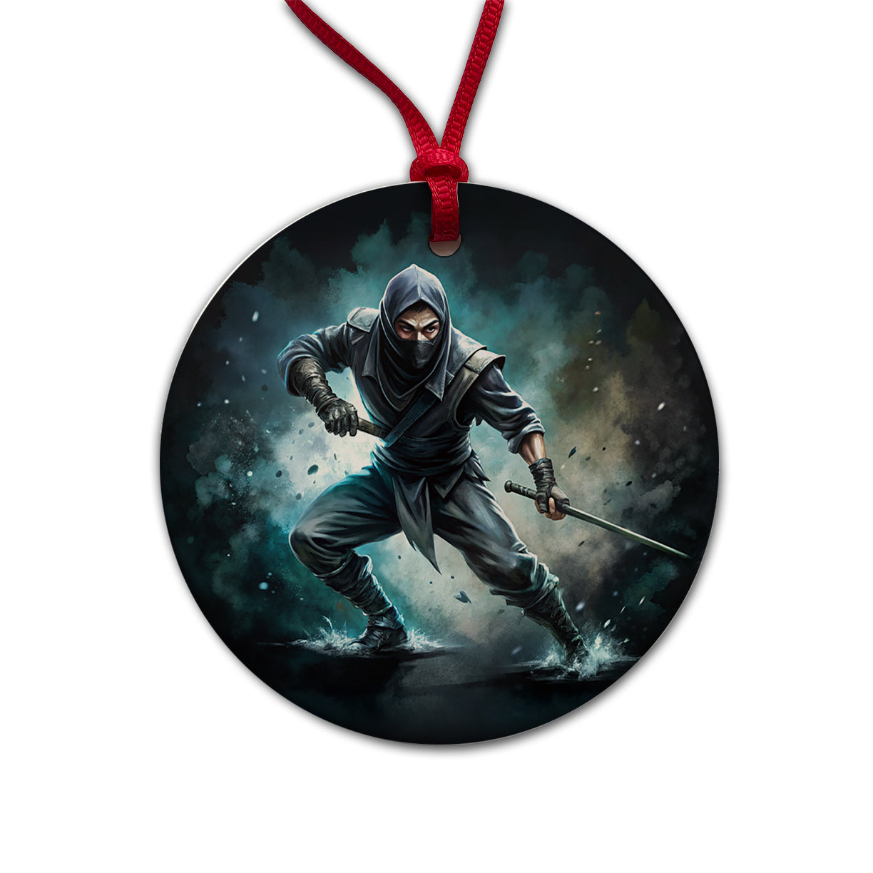 Ninja with Katana Sword Black Watercolor Round Ceramic Holiday Christmas Tree Ornament