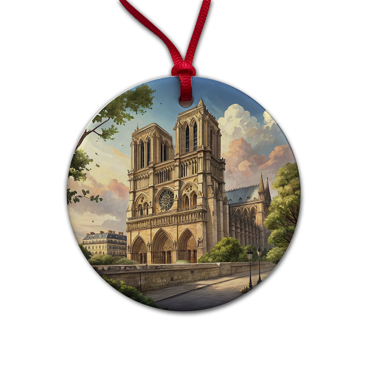 Notre Dame Church Paris France Round Ceramic Holiday Christmas Tree Ornament