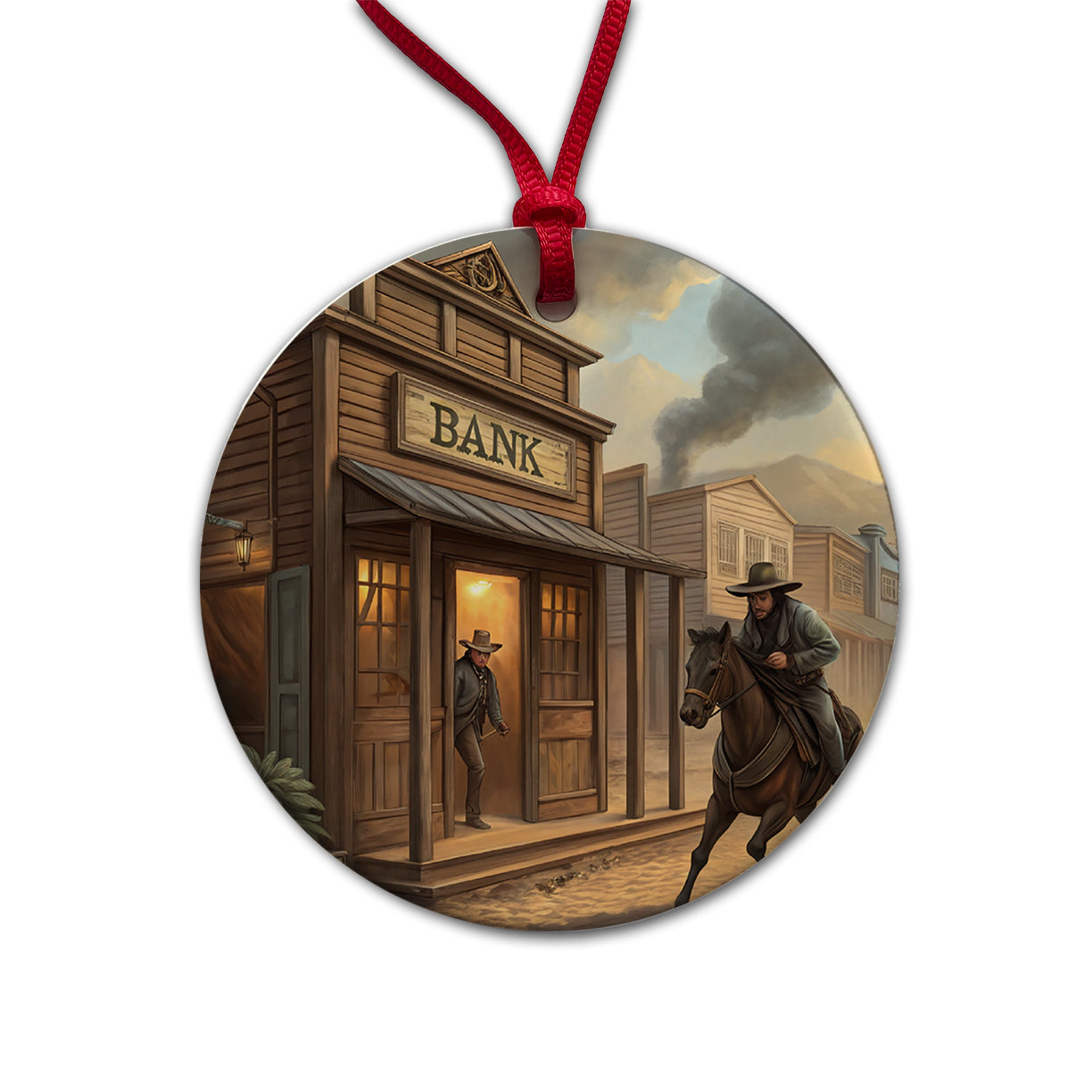 Old West Bank Robbery Western Round Ceramic Holiday Christmas Tree Ornament