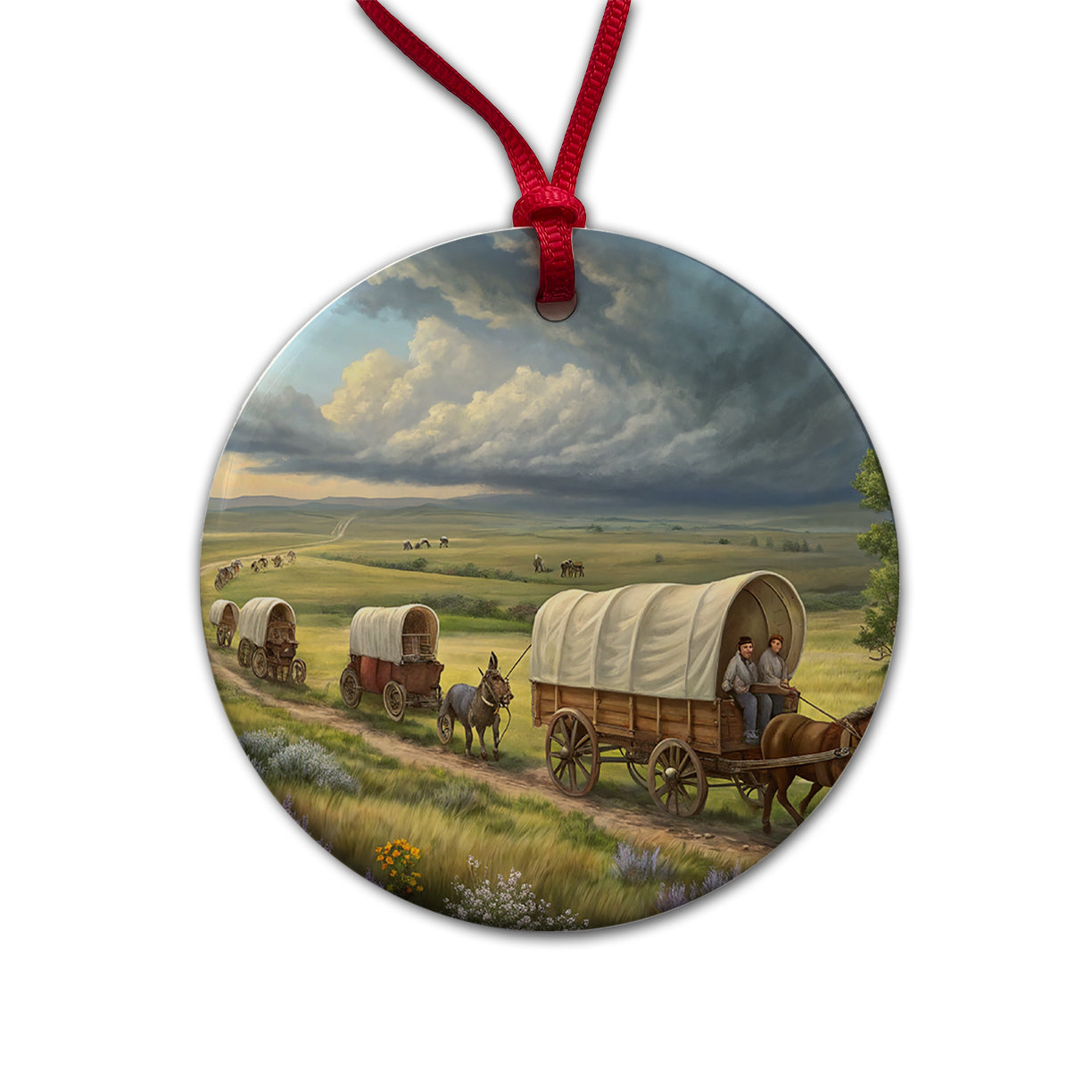 Old West Covered Wagons Crossing The Prairie Western Round Ceramic Holiday Christmas Tree Ornament