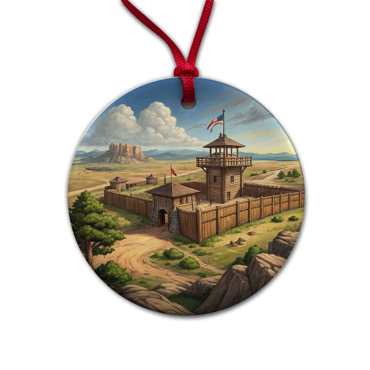 Old West Frontier Fort Cowboy Western Round Ceramic Holiday Christmas Tree Ornament