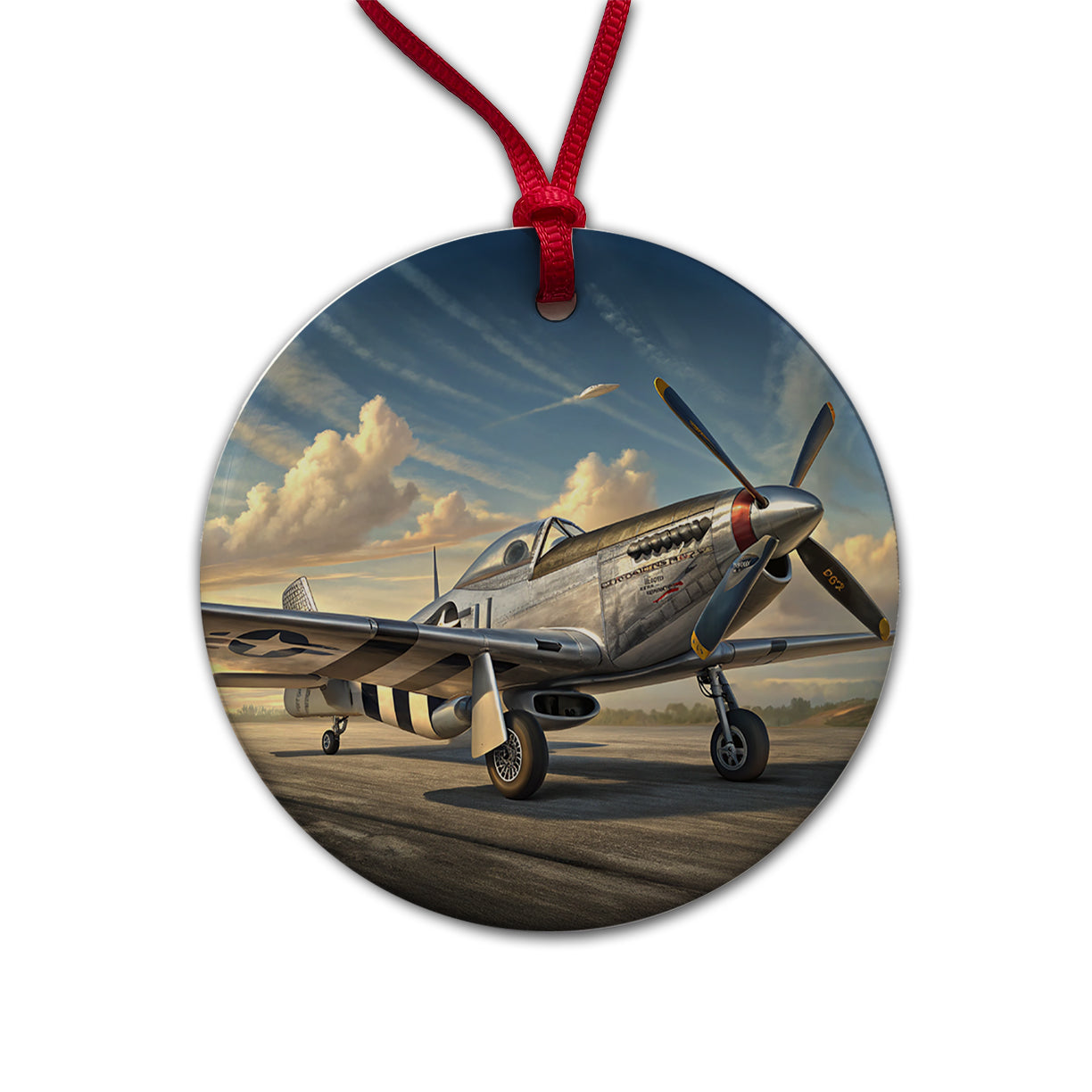 P-51 Mustang WWII US Fighter Plane Round Ceramic Holiday Christmas Tree Ornament
