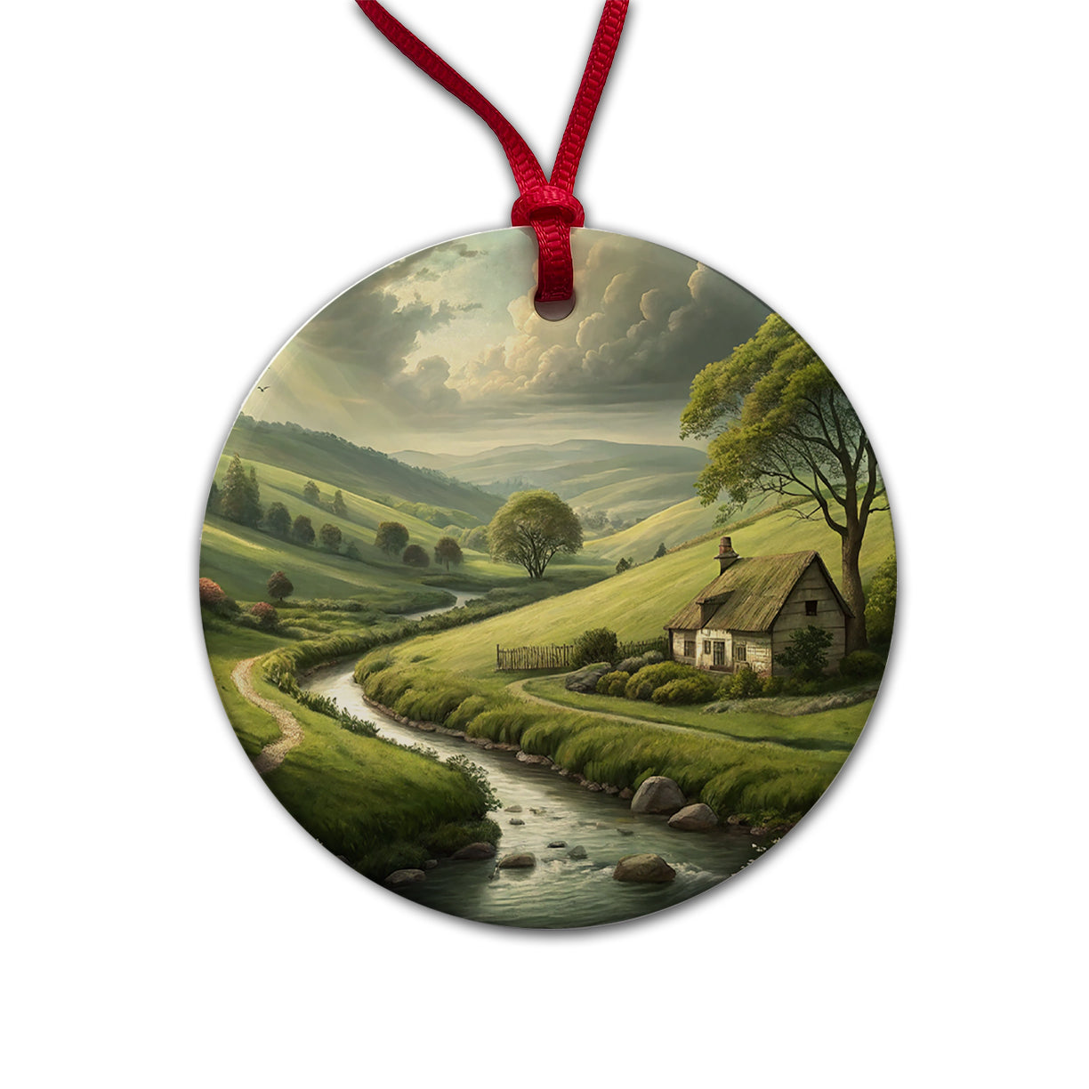 Pastoral Country Landscape Round Ceramic Holiday Christmas Tree Ornament