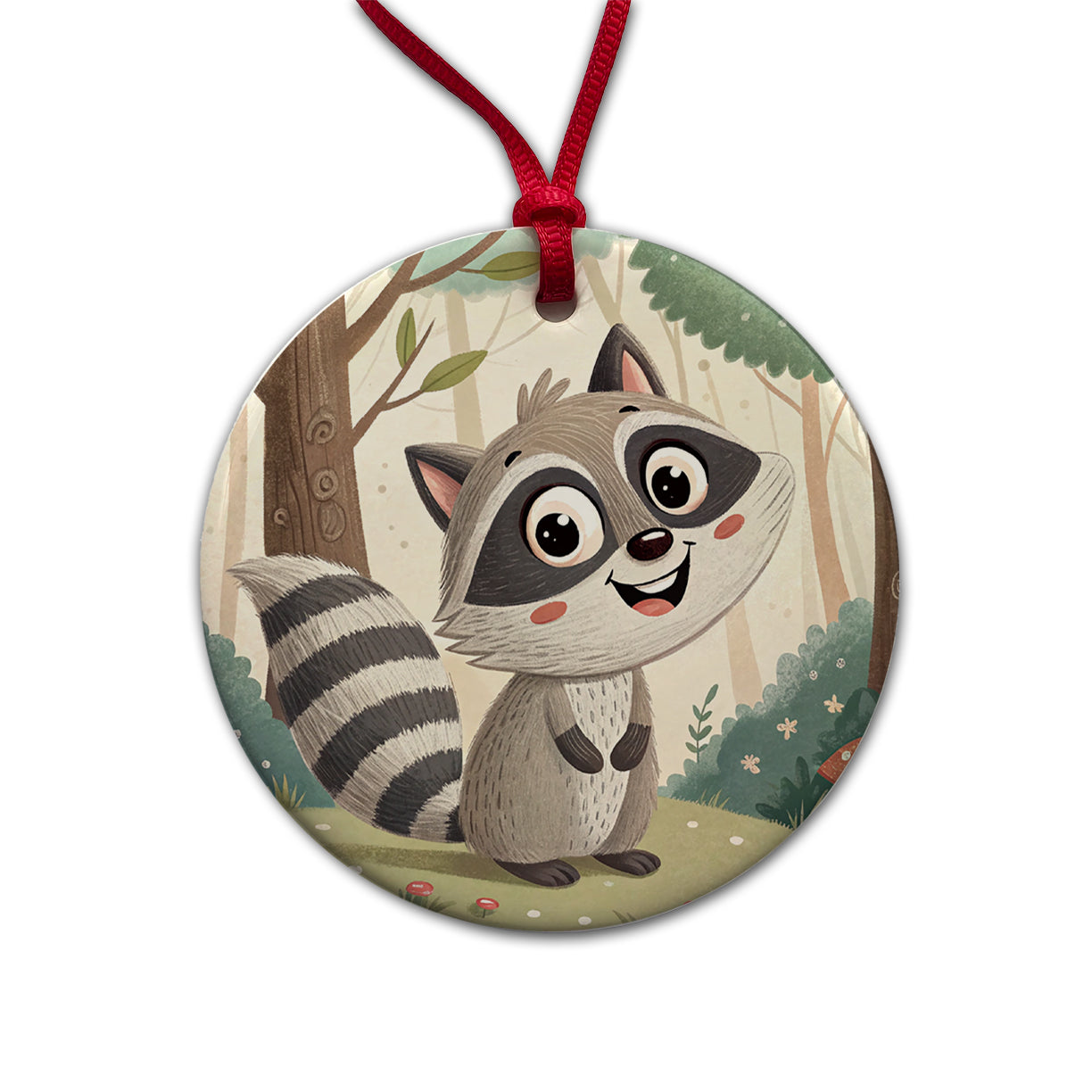 Raccoon Children's Illustration Style Round Ceramic Holiday Christmas Tree Ornament