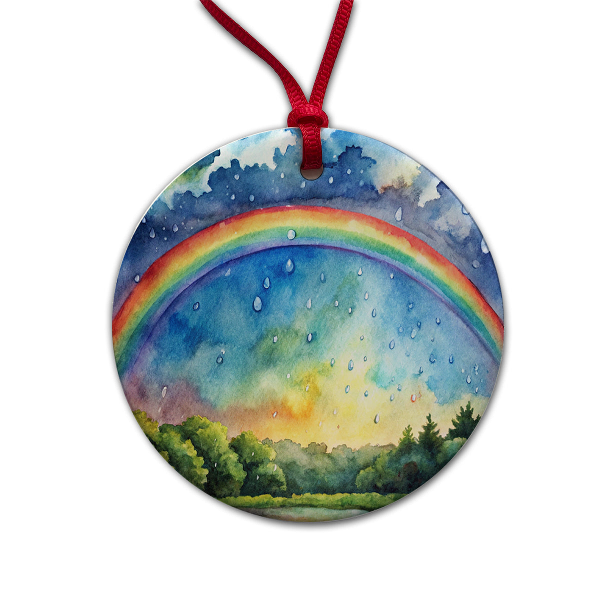 Rainbow After Rain Storm Watercolor Round Ceramic Holiday Christmas Tree Ornament