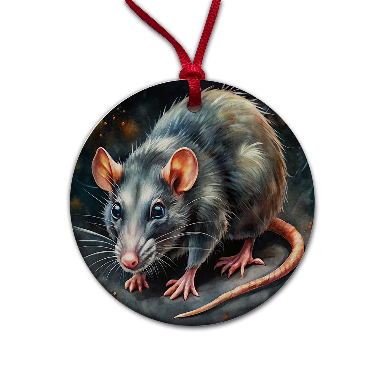 Rat Black Watercolor Round Ceramic Holiday Christmas Tree Ornament
