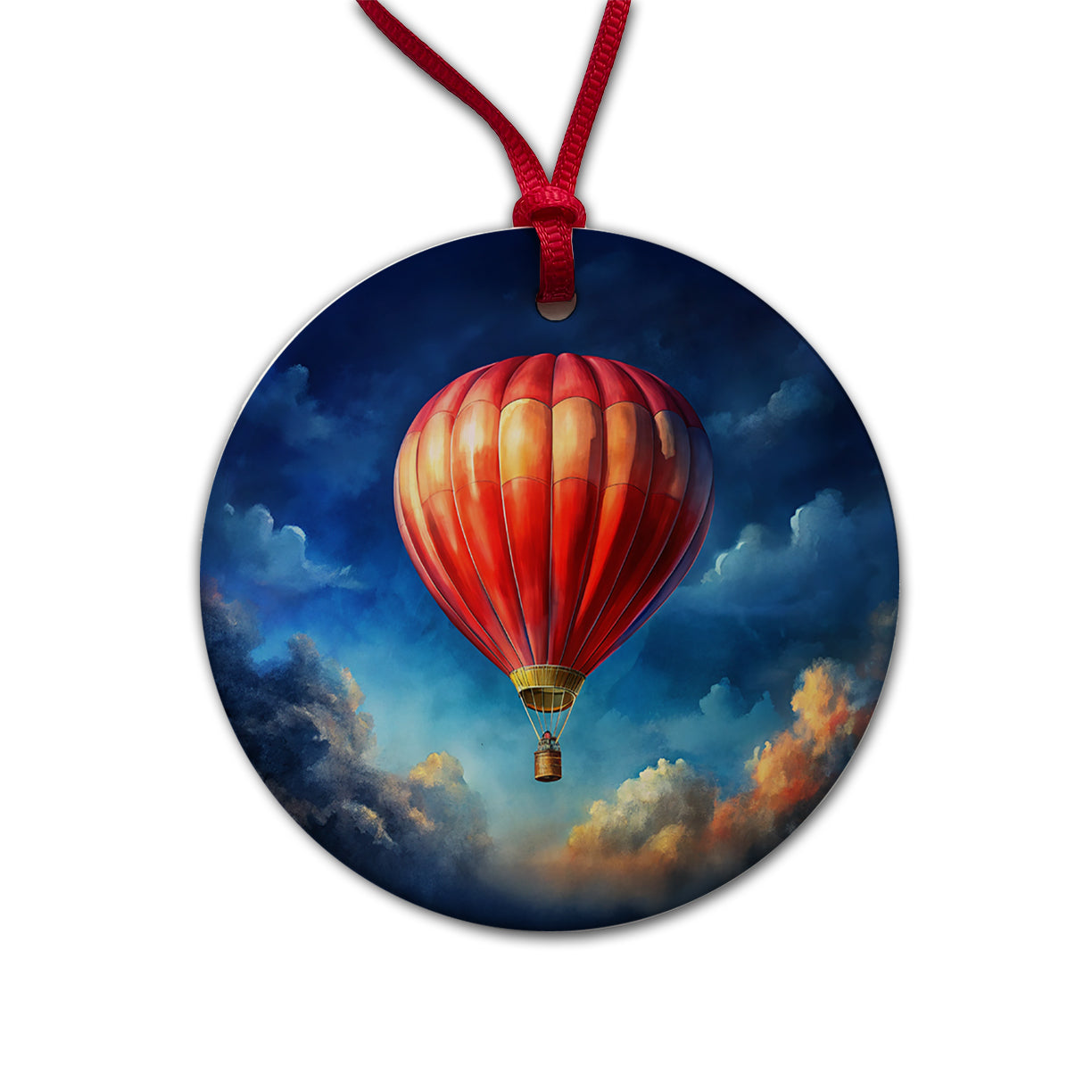 Red Hot Air Balloon in the Blue Sky Round Ceramic Holiday Christmas Tree Ornament