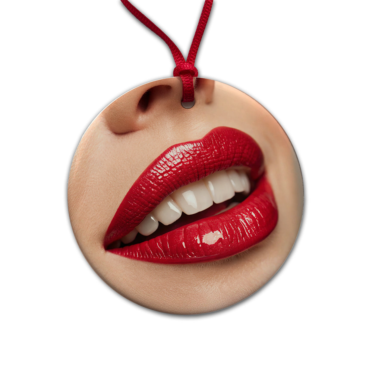 Red Lips Smile Round Ceramic Holiday Christmas Tree Ornament
