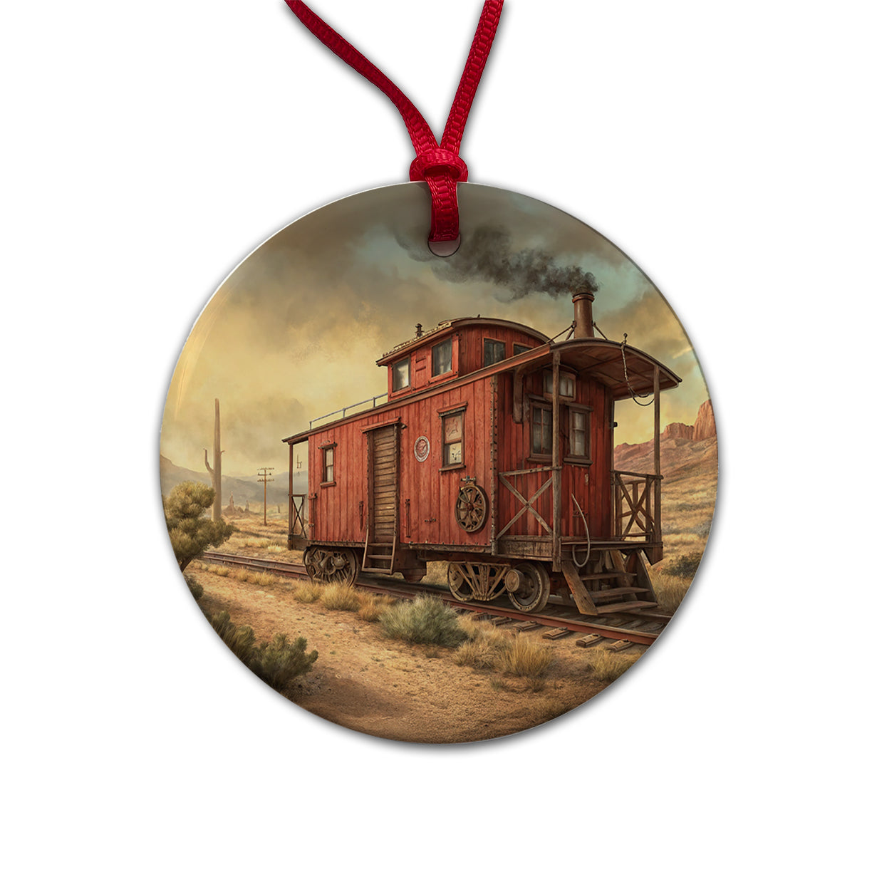 Red Train Caboose Old West Western Round Ceramic Holiday Christmas Tree Ornament