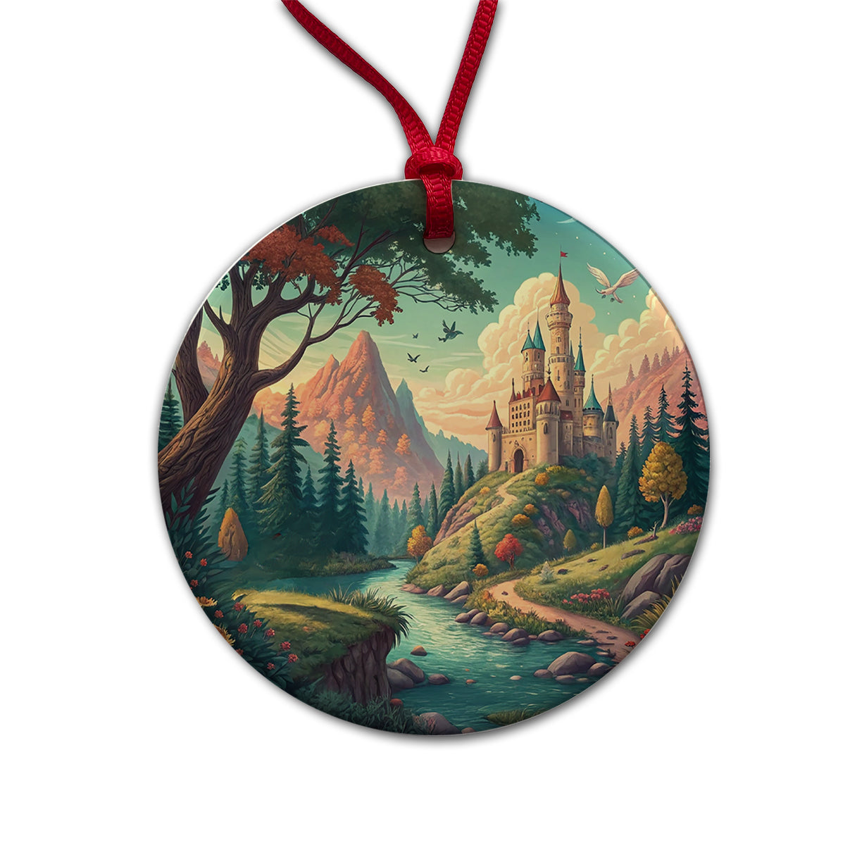 Retro Fantasy Art Castle Kingdom Scene Round Ceramic Holiday Christmas Tree Ornament