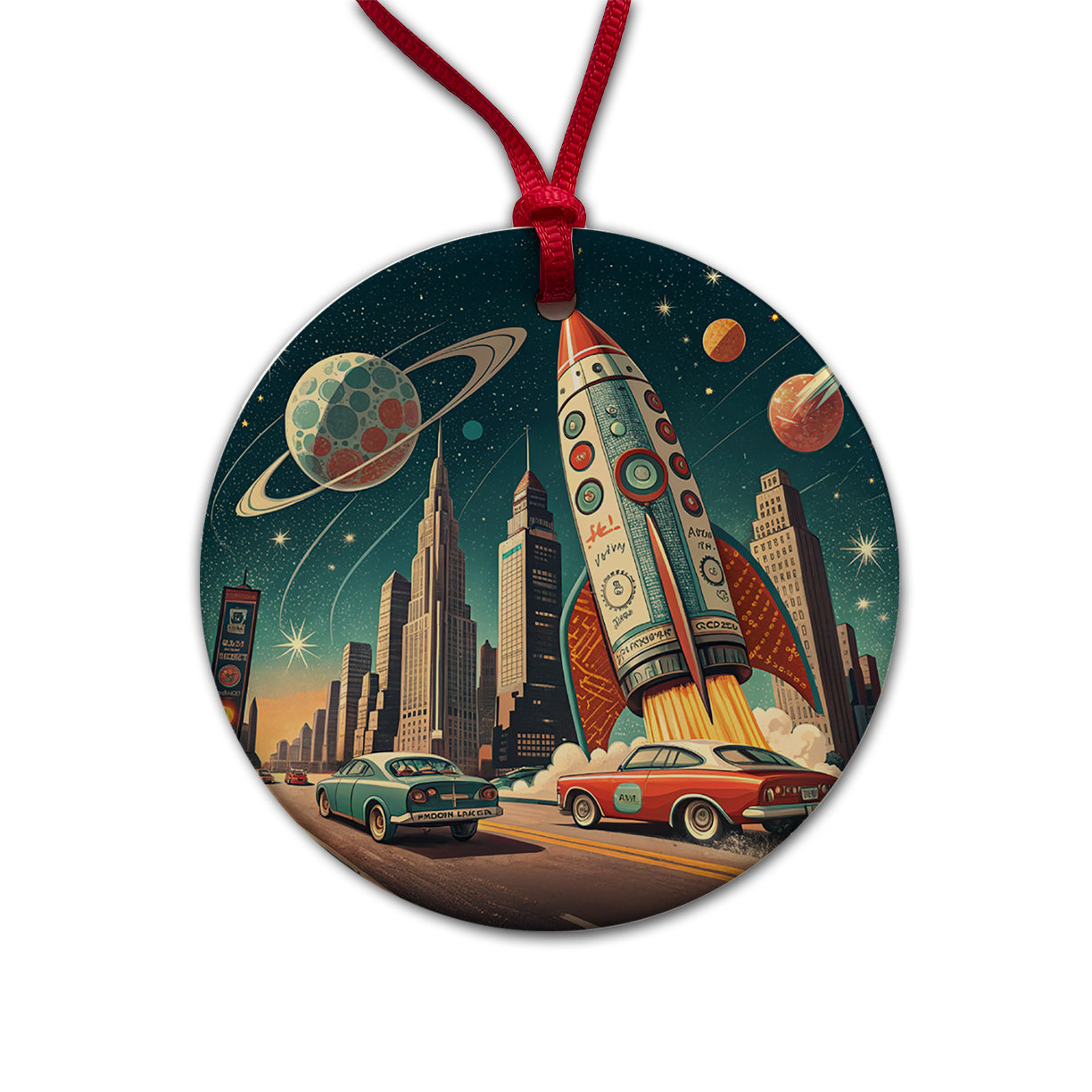 Retro Sci-fi 60's Poster Art Rocket Round Ceramic Holiday Christmas Tree Ornament