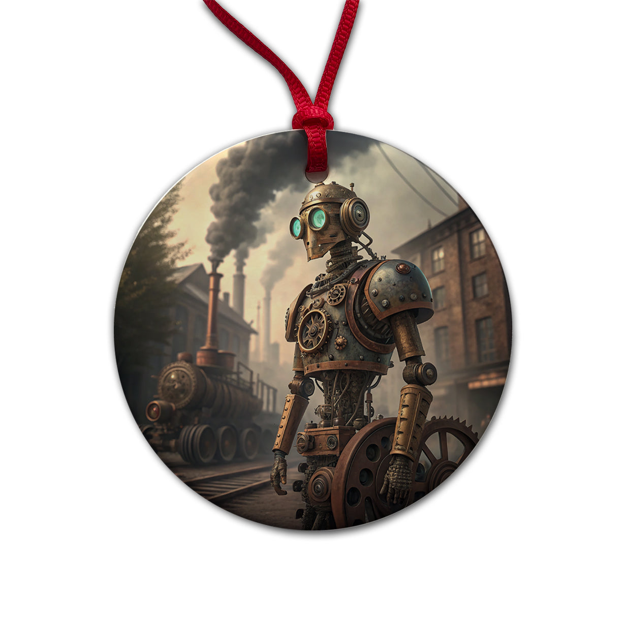 Retro Steampunk Factory Robot Android Round Ceramic Holiday Christmas Tree Ornament