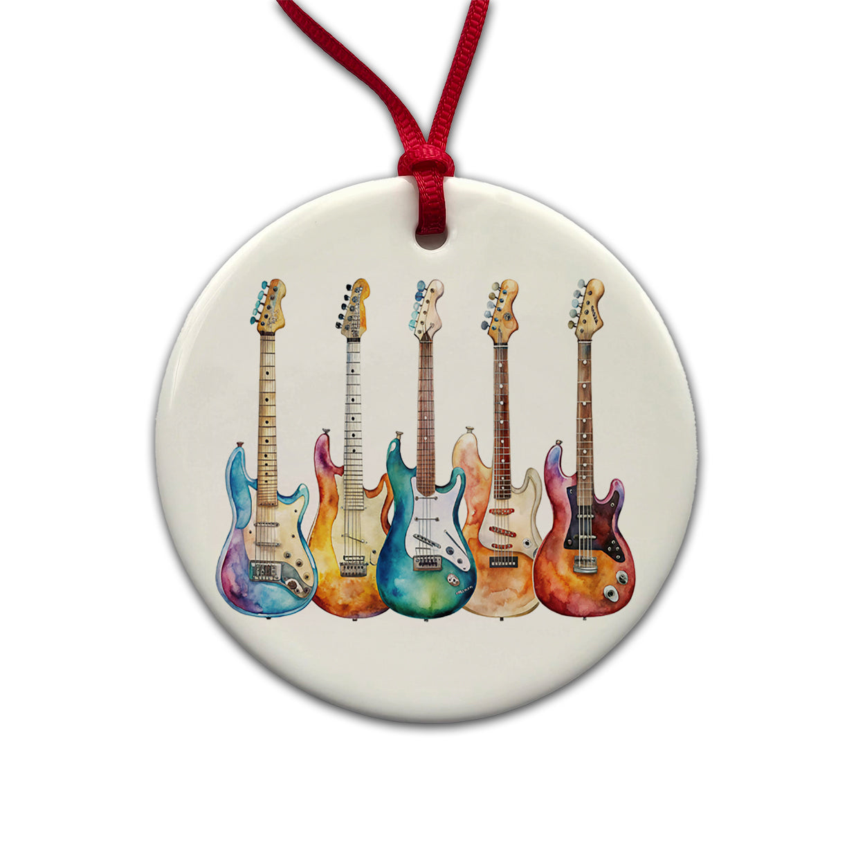 Rock And Roll Guitar Collection Watercolor Round Ceramic Holiday Christmas Tree Ornament