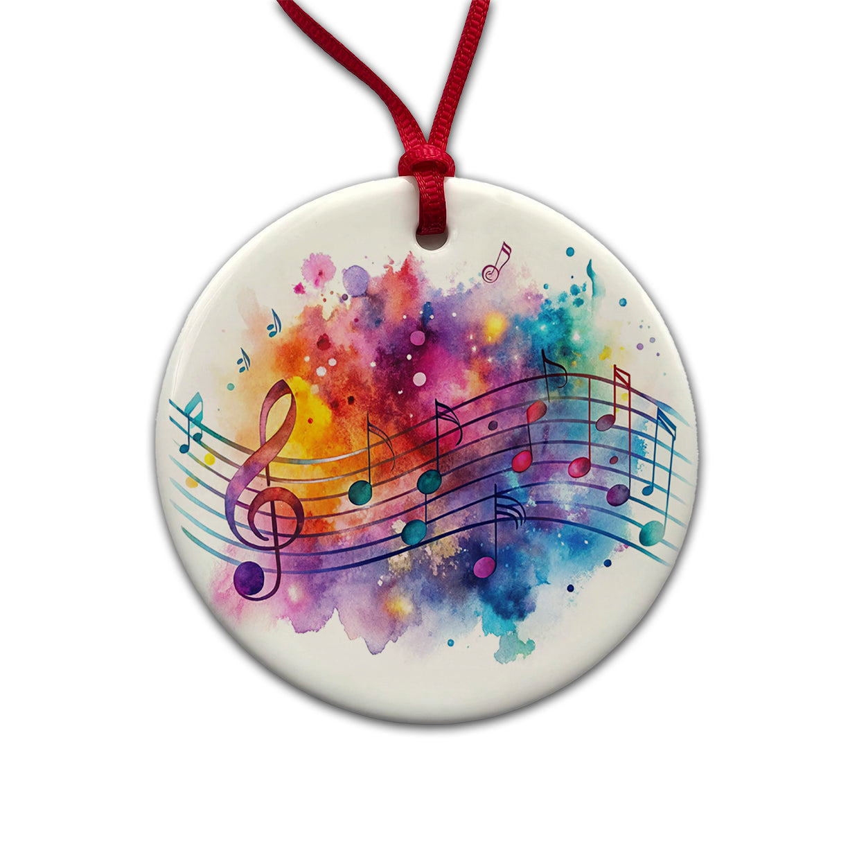 Rock And Roll Music Notes Watercolor Round Ceramic Holiday Christmas Tree Ornament