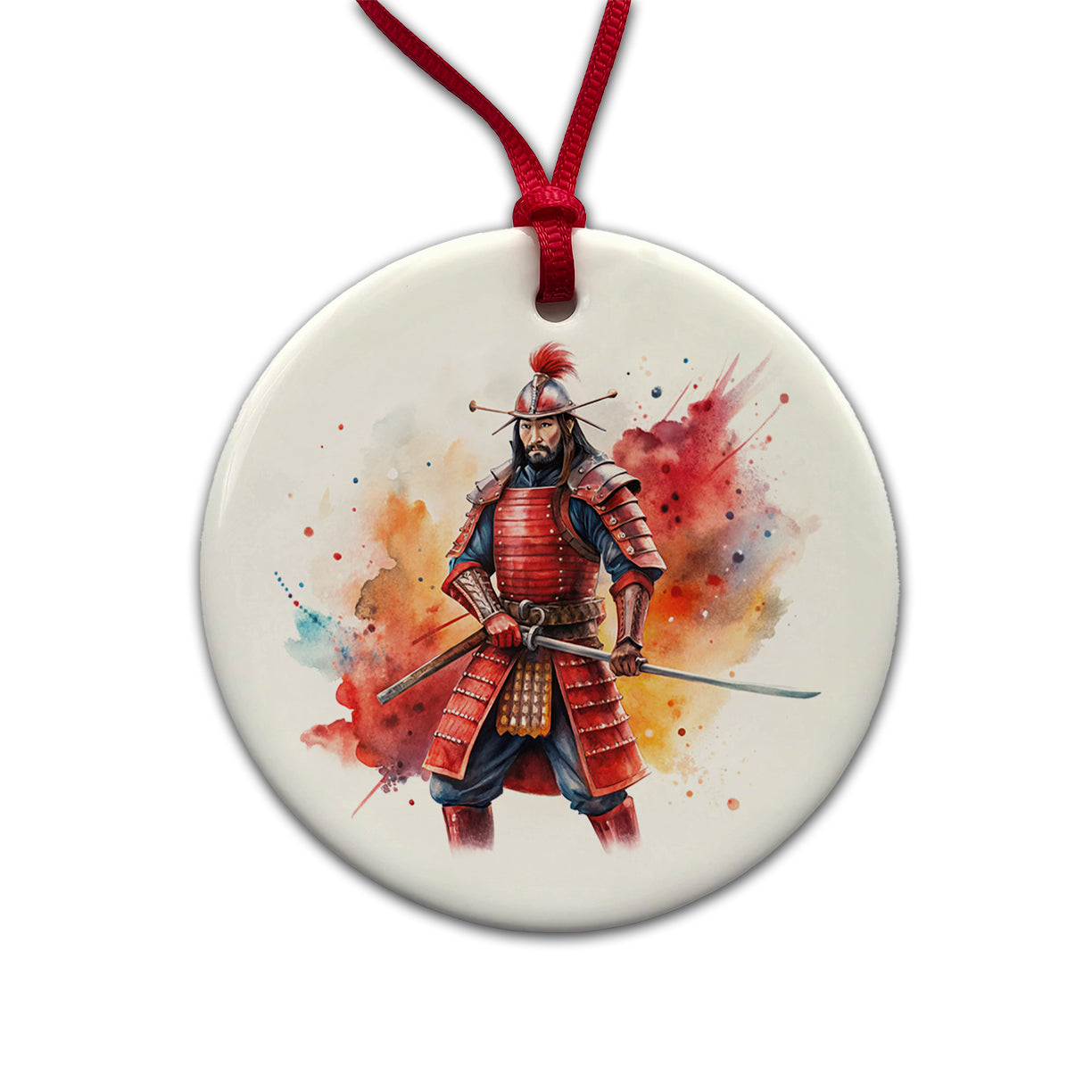 Samurai With Katana And Red Armor Watercolor Round Ceramic Holiday Christmas Tree Ornament