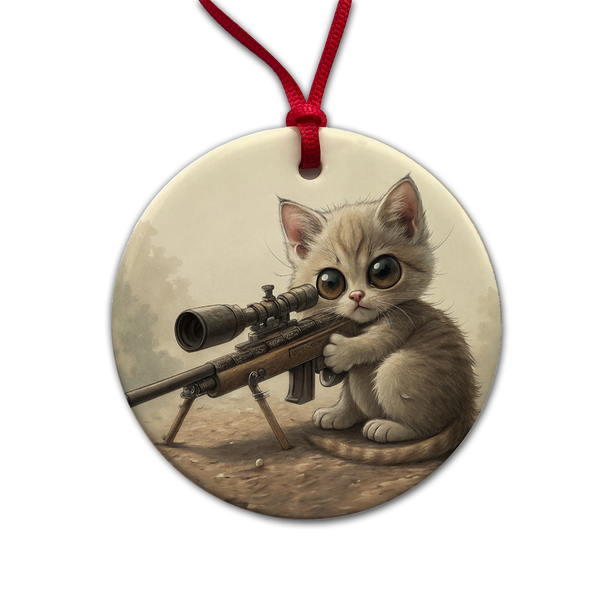 Small Fuzzy Cat Kitten With A Sniper Rifle Funny Round Ceramic Holiday Christmas Tree Ornament