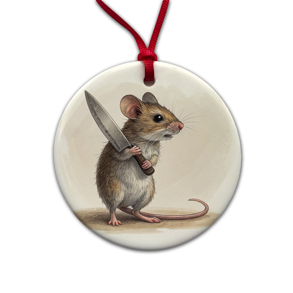 Small Mouse Holding A Butcher Knife Funny Scary Halloween Round Ceramic Holiday Christmas Tree Ornament