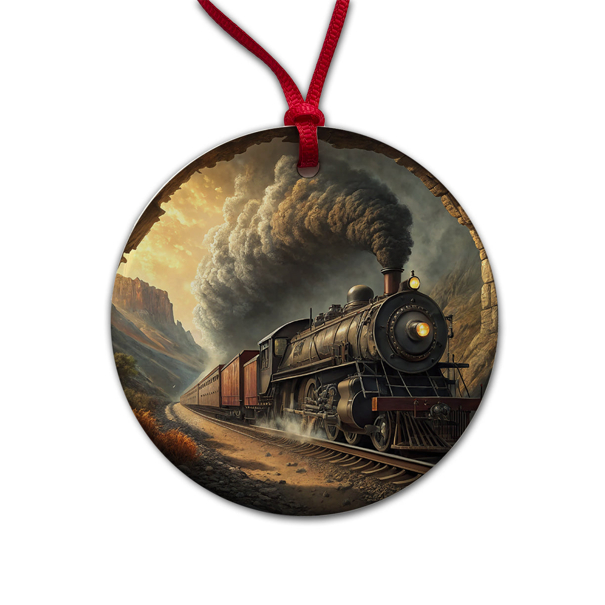 Steam Locomotive Coming Through Tunnel Old West Round Ceramic Holiday Christmas Tree Ornament