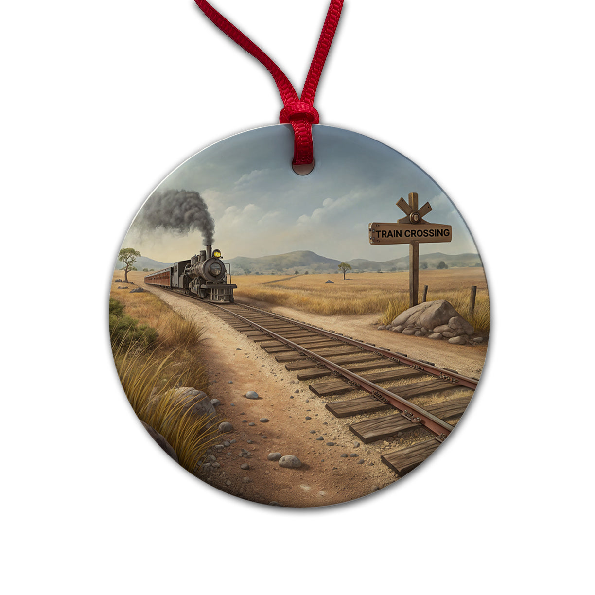 Steam Locomotive Train Crossing Old West Western Round Ceramic Holiday Christmas Tree Ornament