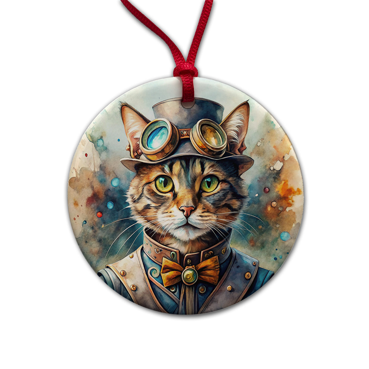 Steampunk Cat Hat and Goggles Watercolor Round Ceramic Holiday Christmas Tree Ornament