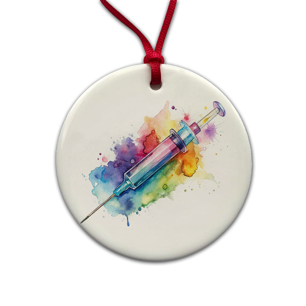Syringe Shot Medical Vaccine Watercolor Round Ceramic Holiday Christmas Tree Ornament